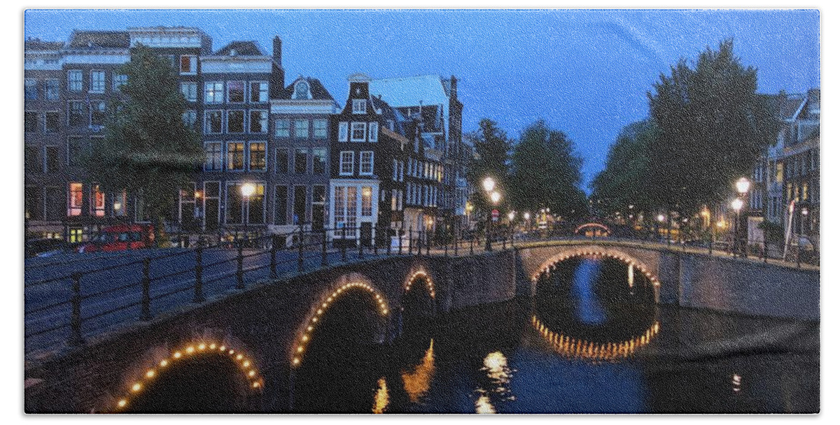 Night Beach Towel featuring the photograph Amsterdam Canals lit up at night by Patricia Caron