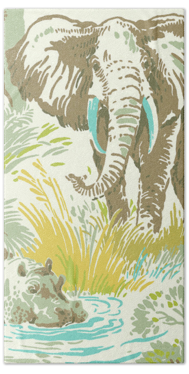 Africa Beach Towel featuring the drawing An Elephant and a Hippo by CSA Images