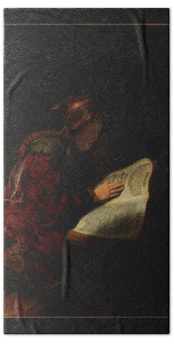 An Old Woman Reading Beach Towel featuring the painting An Old Woman Reading by Rembrandt van Rijn by Rolando Burbon