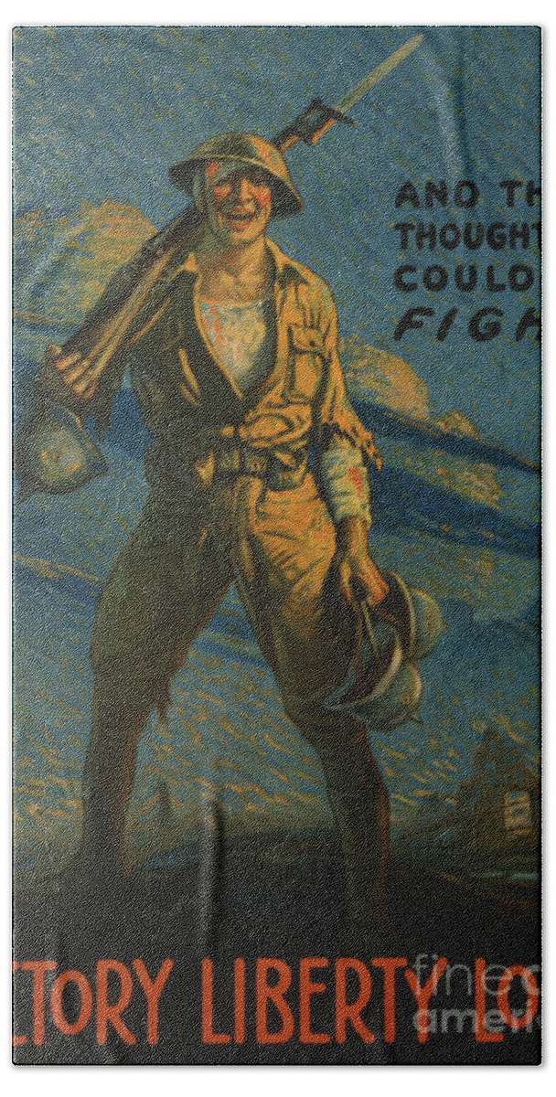 Loan Beach Towel featuring the painting And they thought we couldn't fight, poster for the Victory Liberty Loan, 1919 by American School