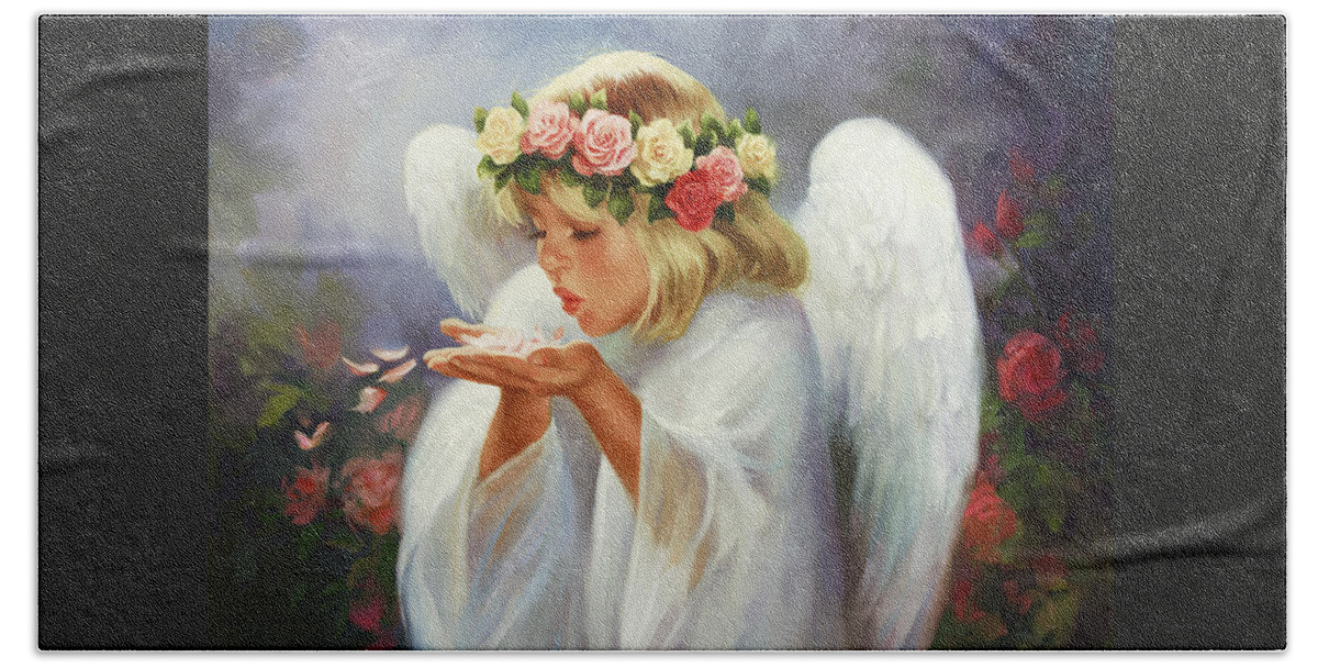 Girl Angel Beach Towel featuring the painting Rose Angel, by Laurie Snow Hein