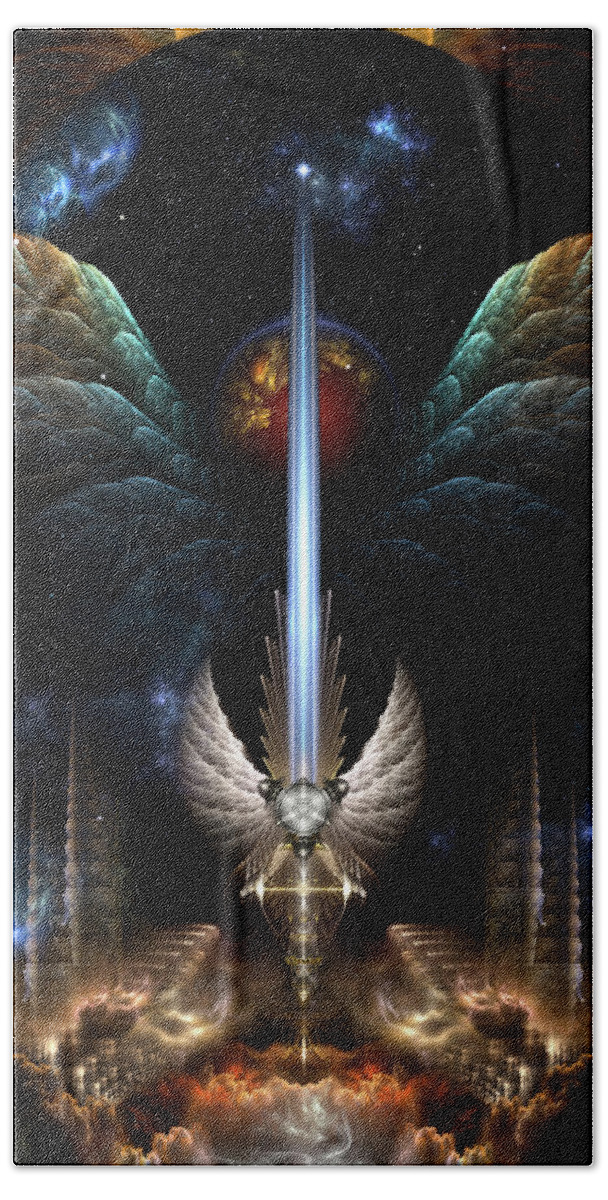 Angel Wing Sword Of Arkledious Beach Towel featuring the digital art Angel Wing Sword Of Arkledious Imperial Wings Fractal Art Composition by Rolando Burbon
