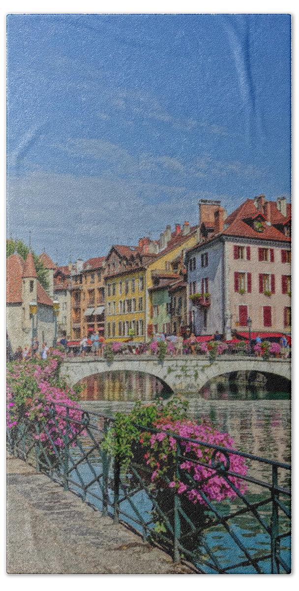 Canal Beach Towel featuring the photograph Annecy canal and bridge by Patricia Caron