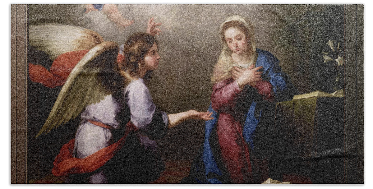 Annunciation Of The Blessed Virgin Mary Beach Towel featuring the painting Annunciation of the Blessed Virgin Mary by Bartolome Esteban Murillo by Rolando Burbon