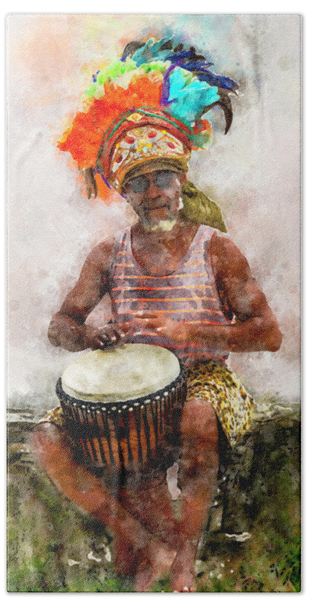 Antigua Beach Towel featuring the digital art Antiguan Drummer by Pheasant Run Gallery