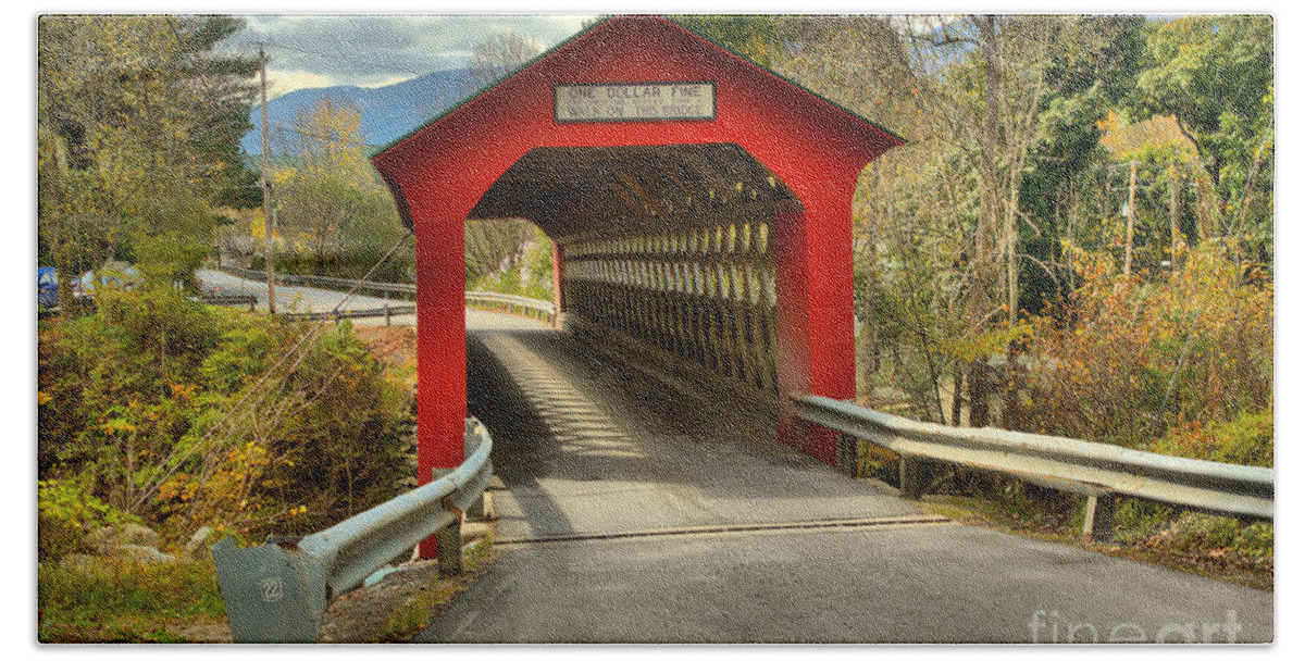 Chiselville Covered Bridge Beach Towel featuring the photograph Approaching The Chiselville Covered Bridge by Adam Jewell
