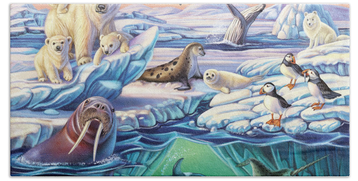 Arctic Beach Towel featuring the mixed media Arctic Animals by Anne Wertheim