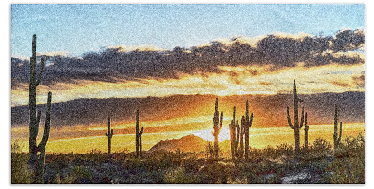 Arizona Beach Towel featuring the photograph Arizona Sunrise And Saguaro by Don Schimmel