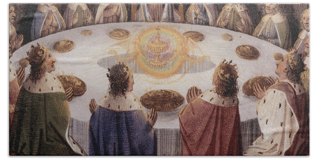 Knights Beach Towel featuring the painting Arthurian legend, the knights of the round table by European School