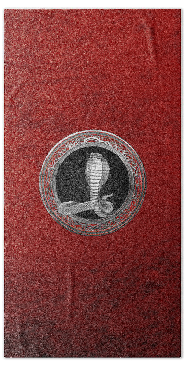 'beasts Creatures And Critters' Collection By Serge Averbukh Beach Towel featuring the digital art Sacred Silver King Cobra on Red Canvas by Serge Averbukh