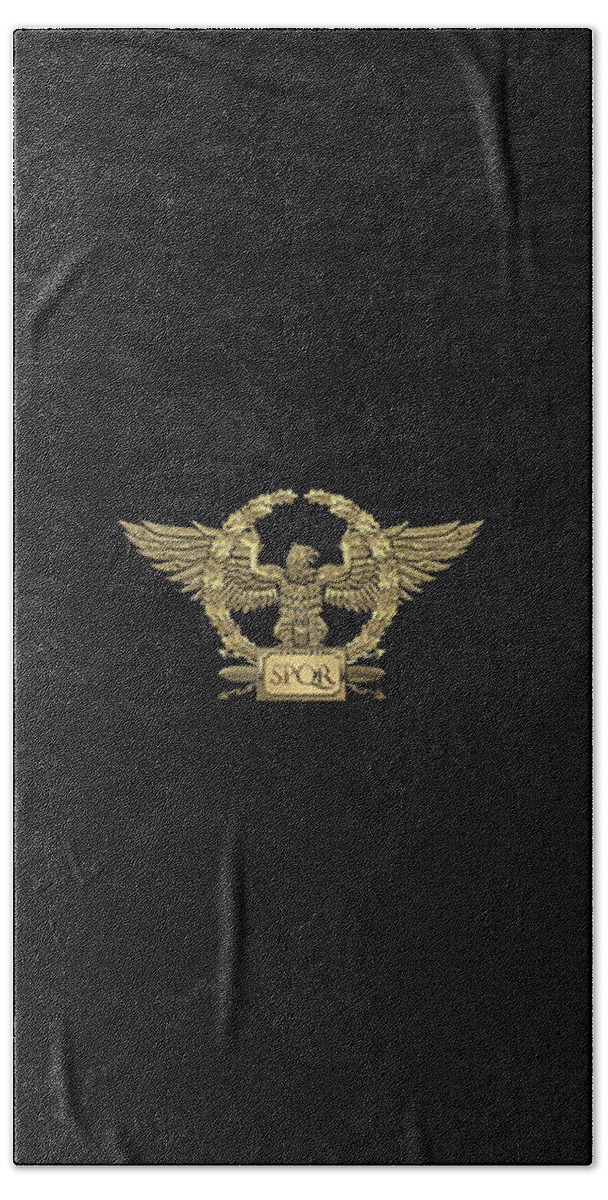 ‘treasures Of Rome’ Collection By Serge Averbukh Beach Towel featuring the digital art Gold Roman Imperial Eagle - S P Q R Special Edition over Black Velvet by Serge Averbukh