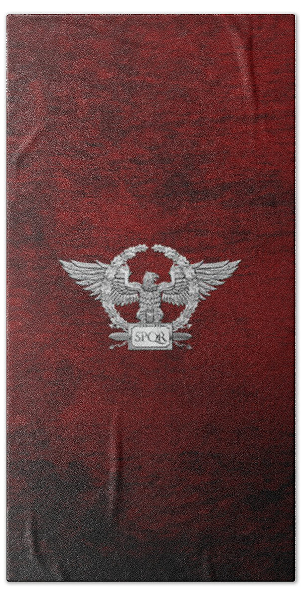 ‘treasures Of Rome’ Collection By Serge Averbukh Beach Towel featuring the digital art Silver Roman Imperial Eagle - S P Q R Special Edition over Red Velvet by Serge Averbukh
