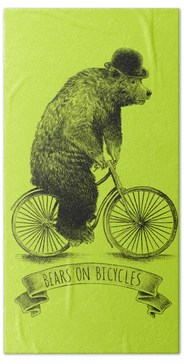 Bear Beach Towel featuring the drawing Bears on Bicycles - Lime by Eric Fan