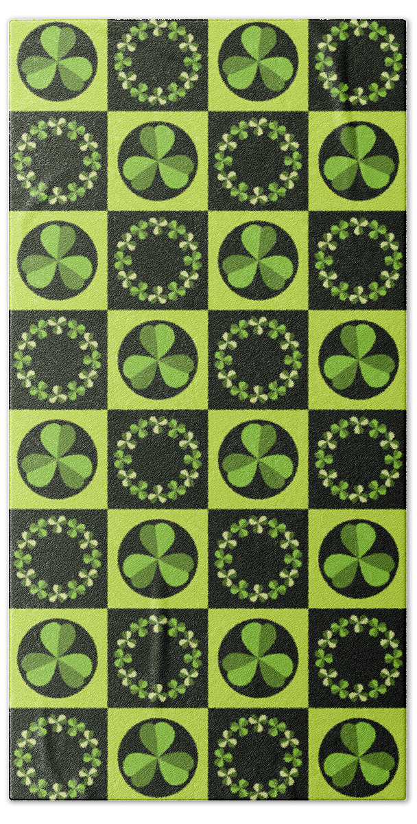 Graphic Beach Towel featuring the digital art Green Shamrocks Circles and Squares by MM Anderson
