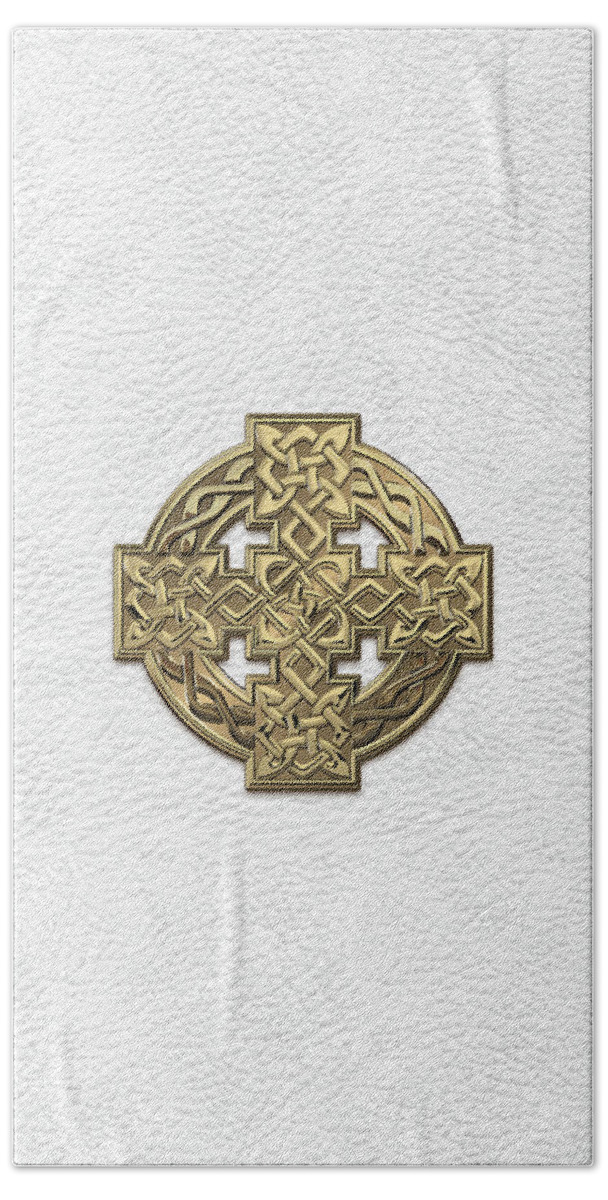 ‘celtic Treasures’ Collection By Serge Averbukh Beach Towel featuring the digital art Gold Celtic Knot Cross over White Leather by Serge Averbukh
