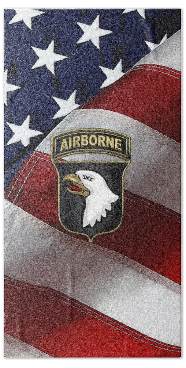 Military Insignia & Heraldry By Serge Averbukh Beach Towel featuring the digital art 101st Airborne Division - 101st A B N Insignia over American Flag by Serge Averbukh