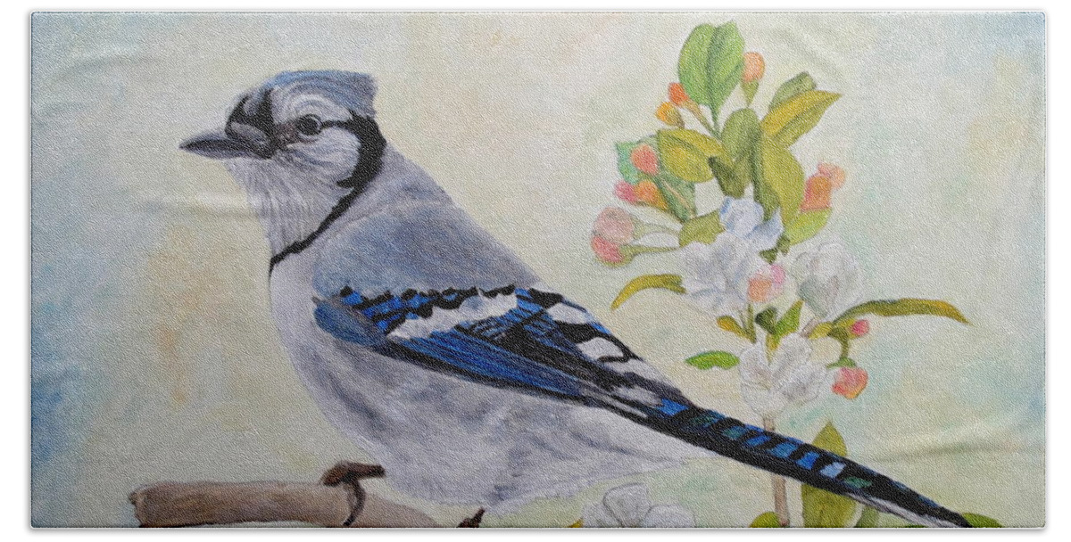 Blue Jay Beach Towel featuring the painting Blue Jay Among Apple Blossoms by Angeles M Pomata