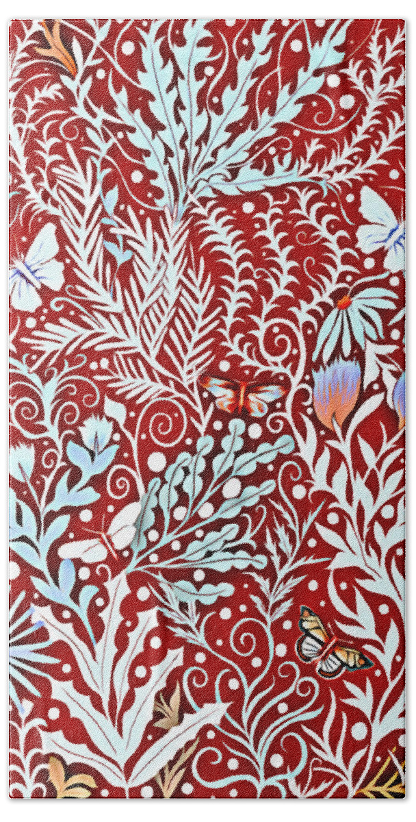 Lise Winne Beach Towel featuring the tapestry - textile Tapestry Design in Brick Red with White Butterflies and Celadon Colored Foliage by Lise Winne