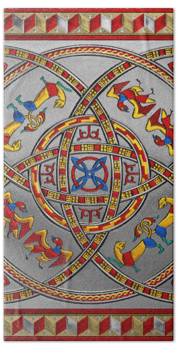 ‘celtic Treasures’ Collection By Serge Averbukh Beach Towel featuring the digital art Sacred Celtic Dara Knot Cross with Triquetras Lions and Eagles by Serge Averbukh
