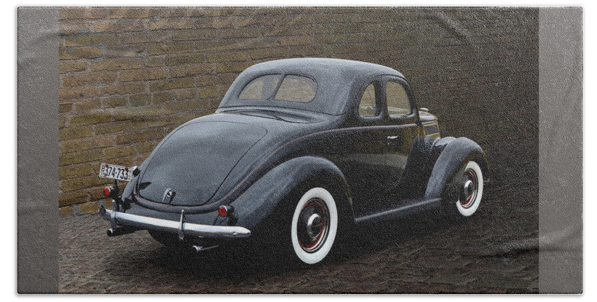 1937 Beach Towel featuring the photograph '37 Ford Coupe In An Old Alley #37 by Ron Long