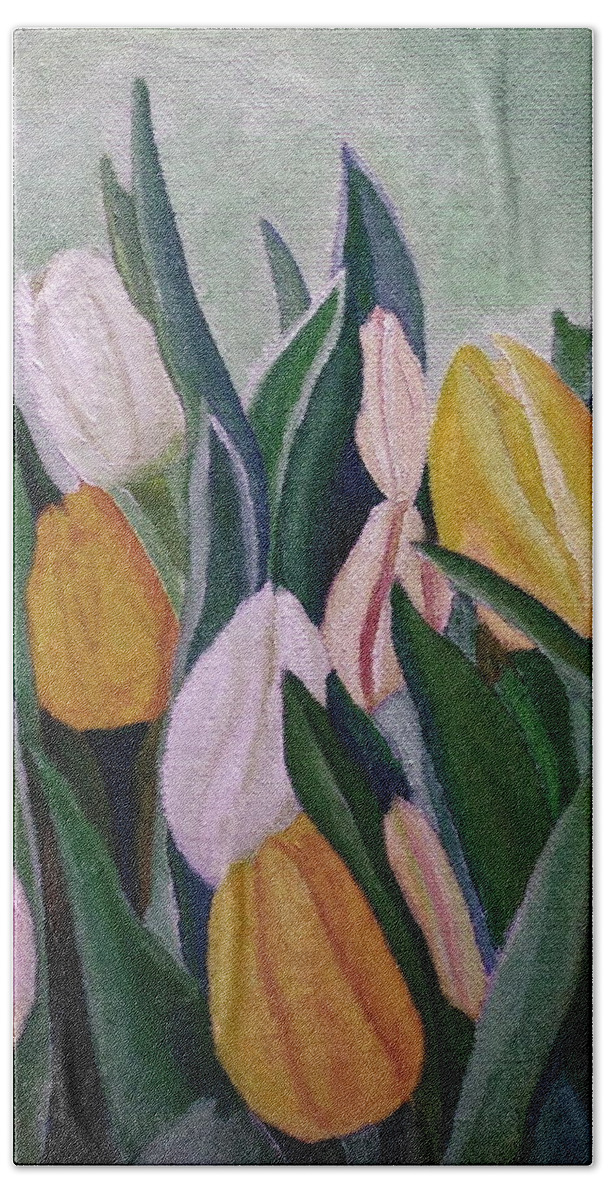 Tulips Beach Towel featuring the painting Evening Tulips by Angeles M Pomata
