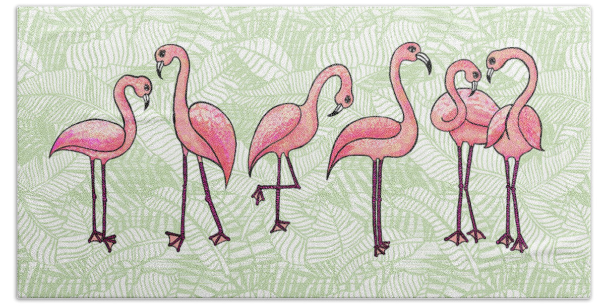 Flamingos Beach Towel featuring the painting Tropical Flamingos by Jen Montgomery