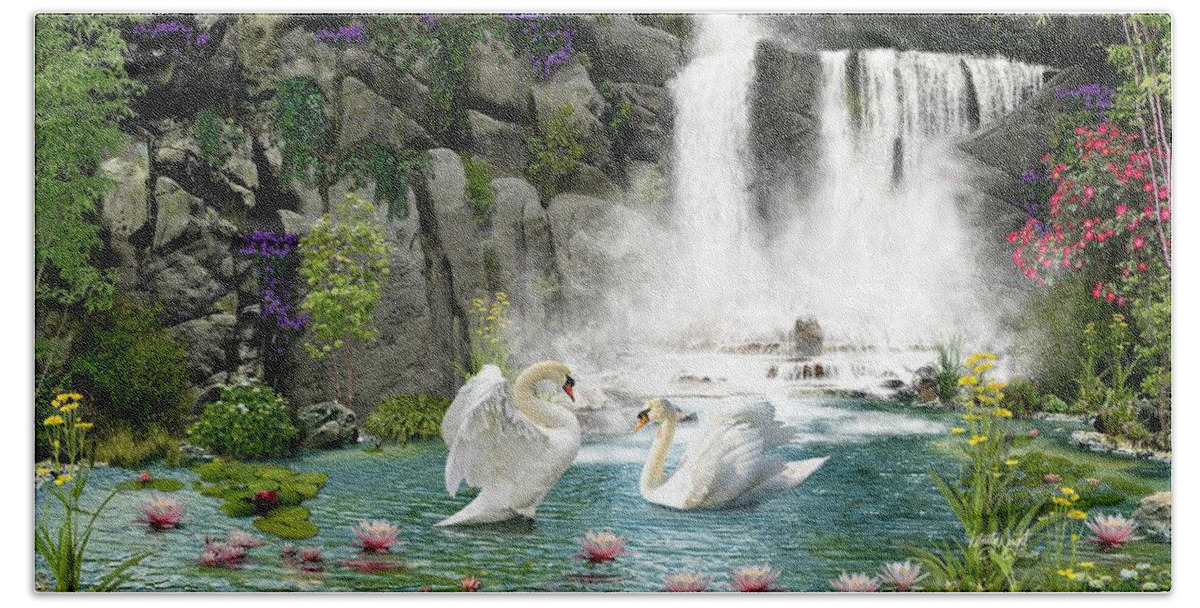 Monty Wright Beach Towel featuring the digital art Trumpeter Swans by Monty Wright