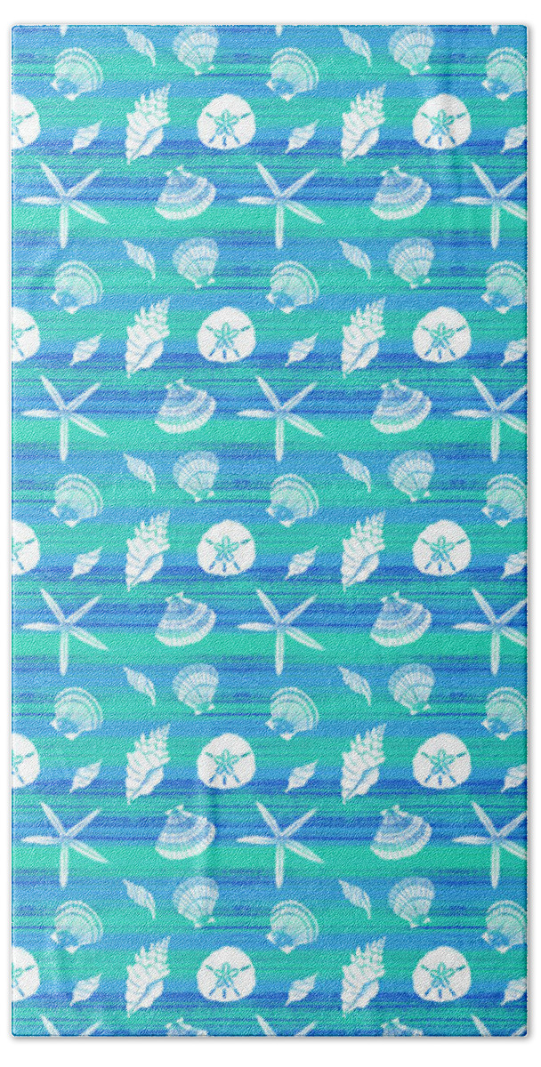 Pattern Beach Towel featuring the painting Vibrant Seashell Pattern Tan Teal Background by Jen Montgomery