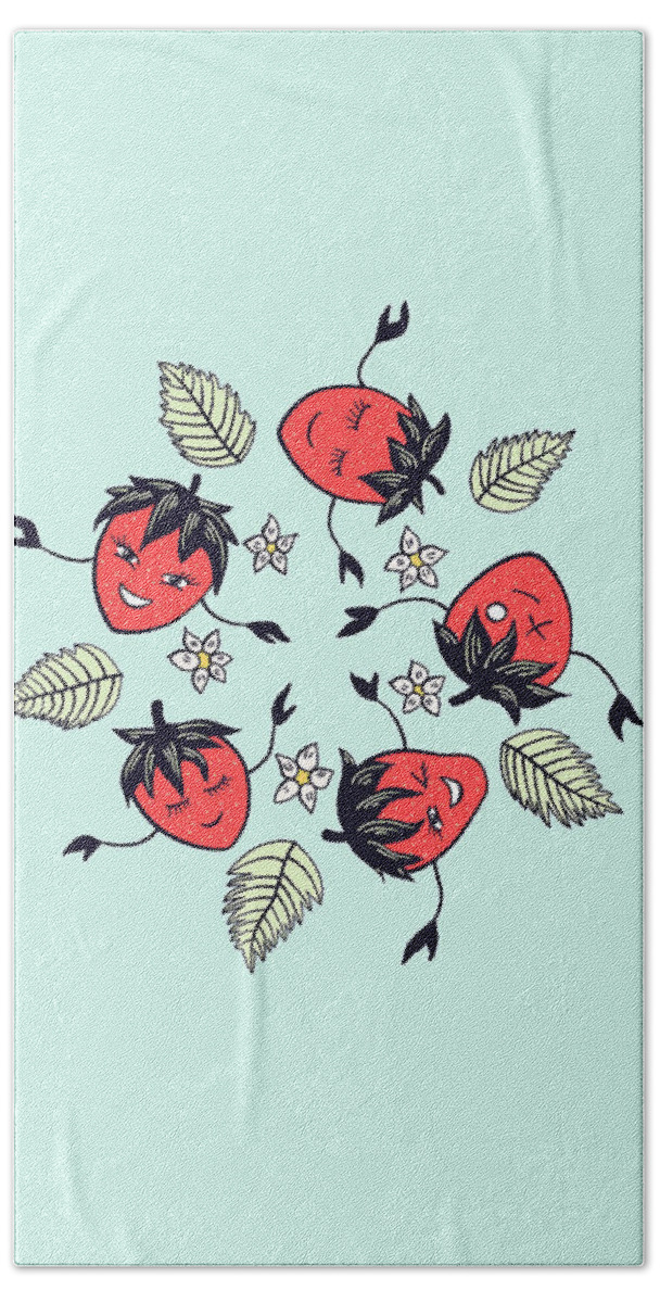 Cute Beach Towel featuring the digital art Happy strawberry characters fun cartoon by Boriana Giormova