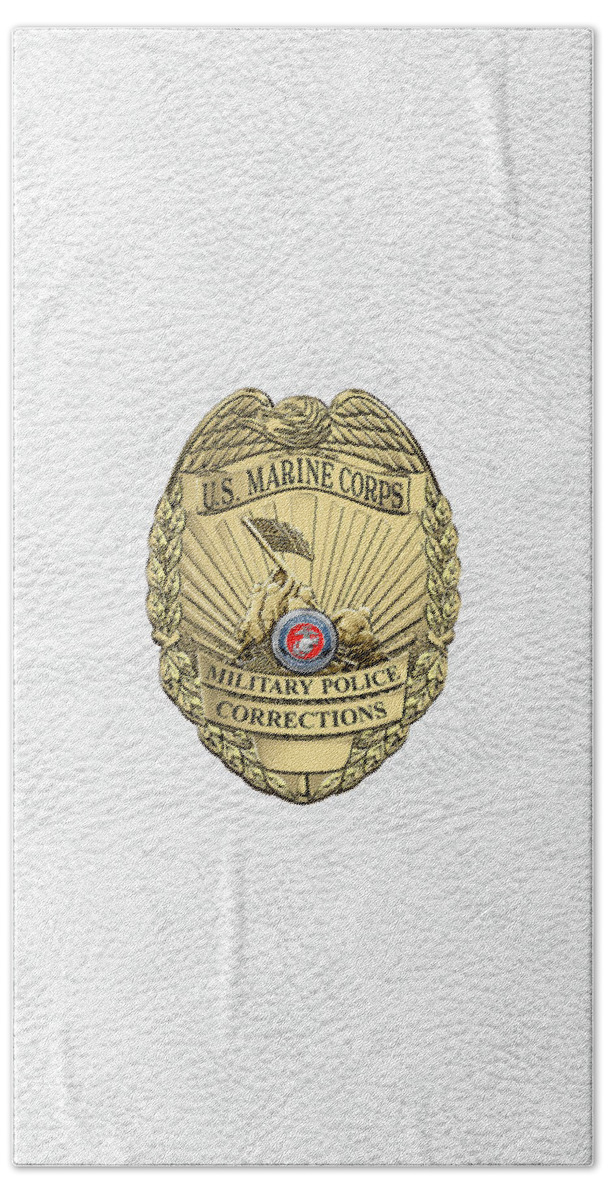 'military Insignia & Heraldry' Collection By Serge Averbukh Beach Towel featuring the digital art U. S. Marine Corps Military Police - U S M C M P Corrections Badge over White Leather by Serge Averbukh