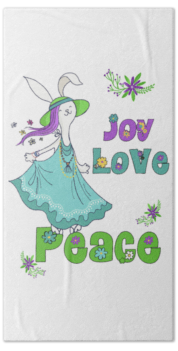 Christmas Beach Towel featuring the digital art Retro Hippie Joy Love and Peace Dancing Holiday Bunny by Doreen Erhardt
