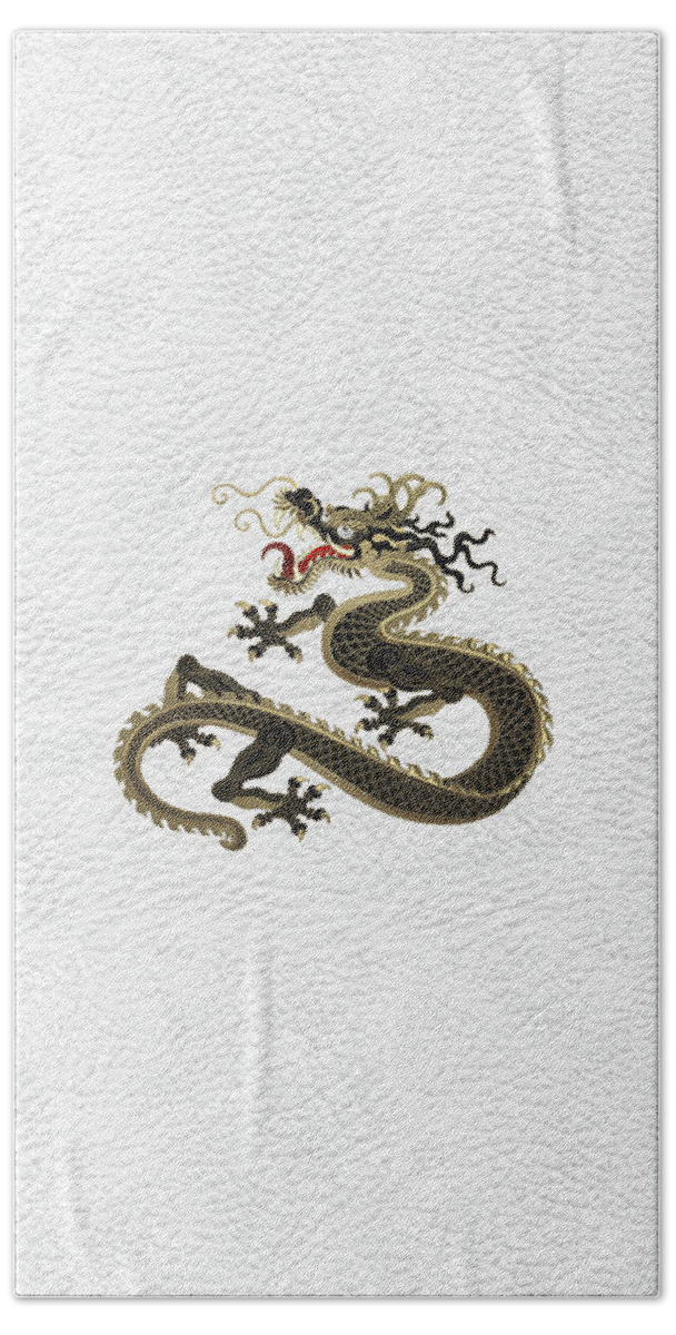 ‘the Great Dragon Spirits’ Collection By Serge Averbukh Beach Towel featuring the digital art Black and Gold Sacred Eastern Dragon over White Leather by Serge Averbukh