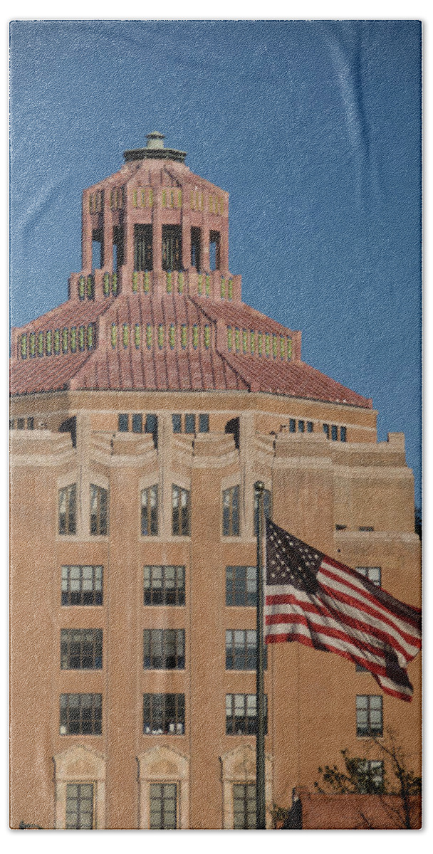 Asheville Beach Towel featuring the photograph Asheville City Hall with Flag by Joye Ardyn Durham