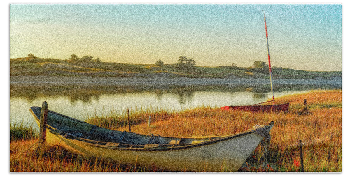 Abandoned Beach Towel featuring the photograph Boats In The Marsh Grass, Ogunquit River by Jeff Sinon