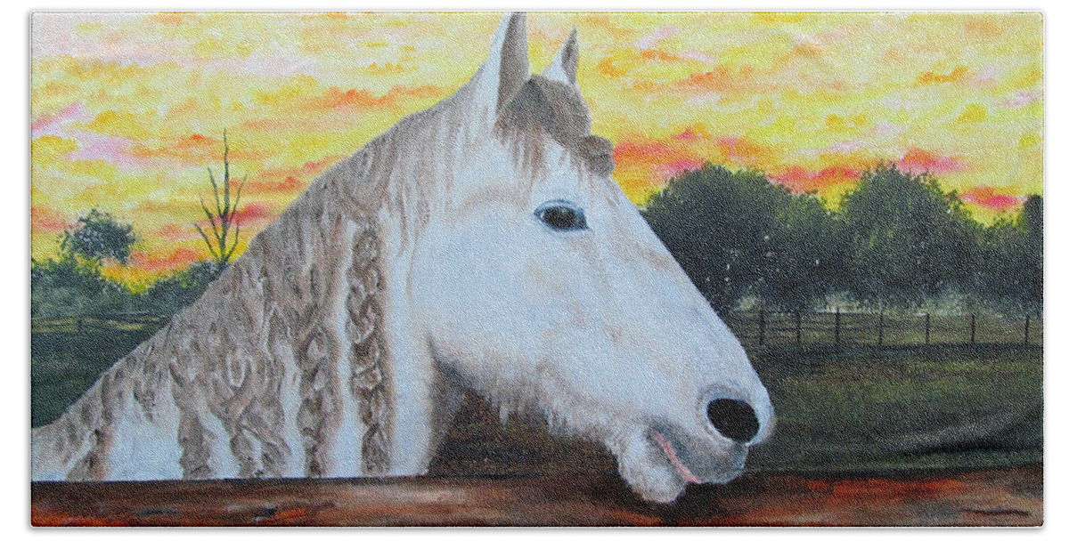 Dales Pony Beach Sheet featuring the painting At The Farm by Gloria E Barreto-Rodriguez