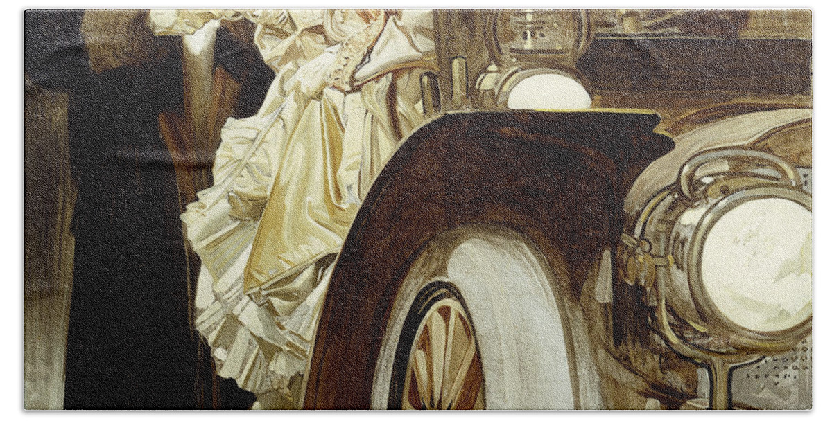 Car Beach Towel featuring the painting At Your Service, 1906 by Joseph Christian Leyendecker