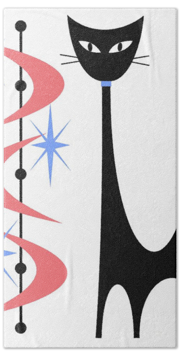 Mid Century Modern Beach Towel featuring the digital art Atomic Cat Pink and Blue on White by Donna Mibus