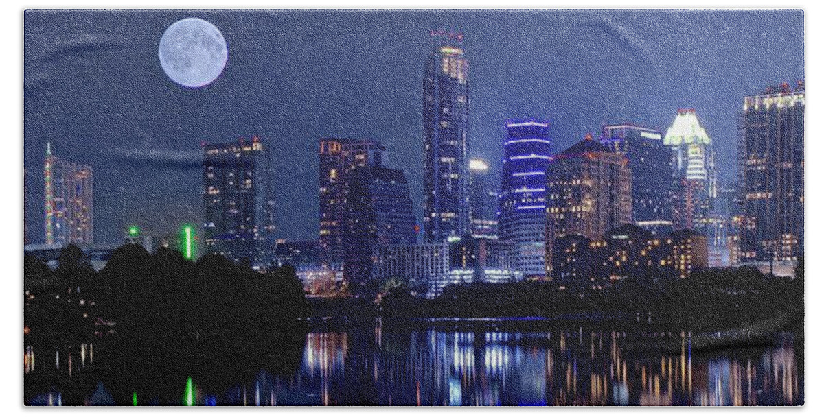 Austin Beach Sheet featuring the photograph Austin at Lady Bird Lake with Moon by Frozen in Time Fine Art Photography