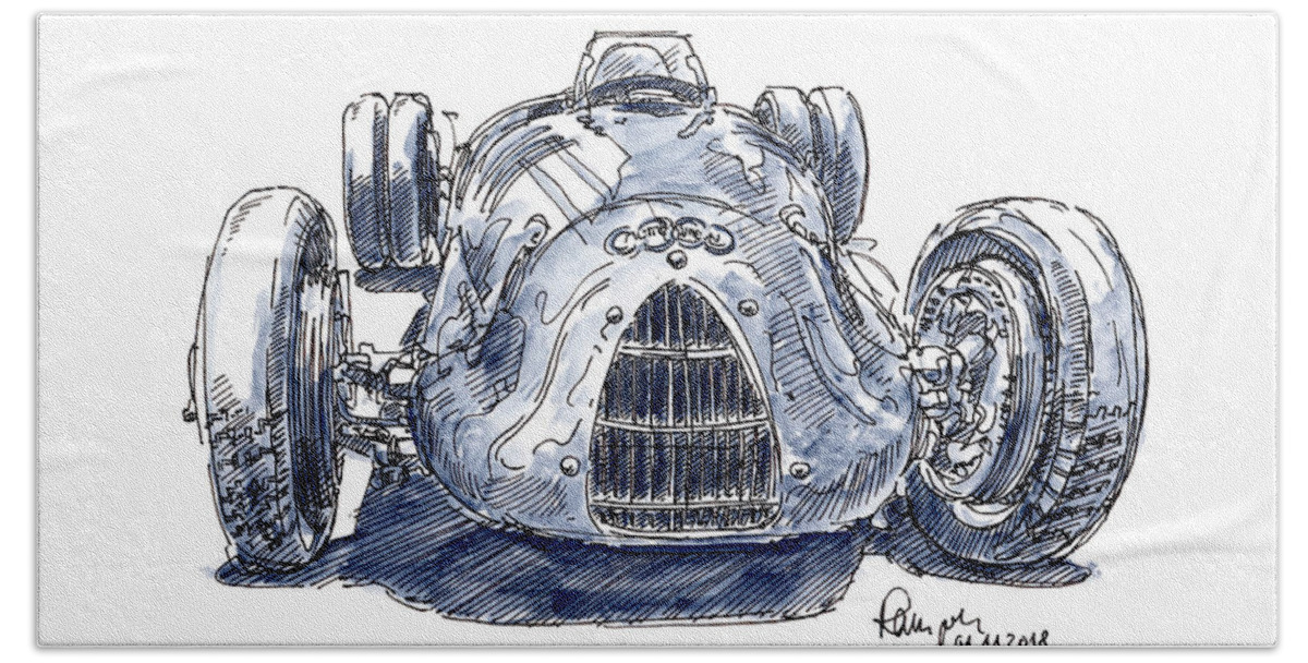 Auto Union Beach Towel featuring the drawing Auto Union Typ C/D Classic Racecar Ink Drawing and Watercolor by Frank Ramspott