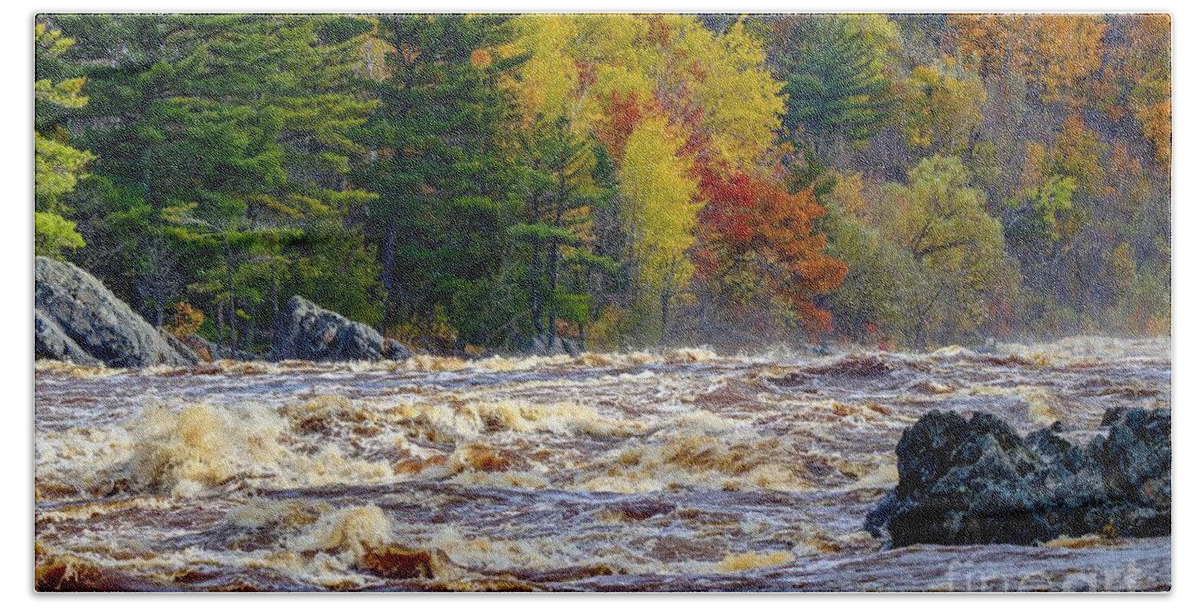 River Beach Towel featuring the photograph Autumn Colors and Rushing Rapids  by Susan Rydberg