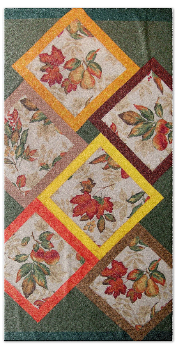 Art Quilt Beach Towel featuring the tapestry - textile Autumn Fruit and Leaves by Pam Geisel