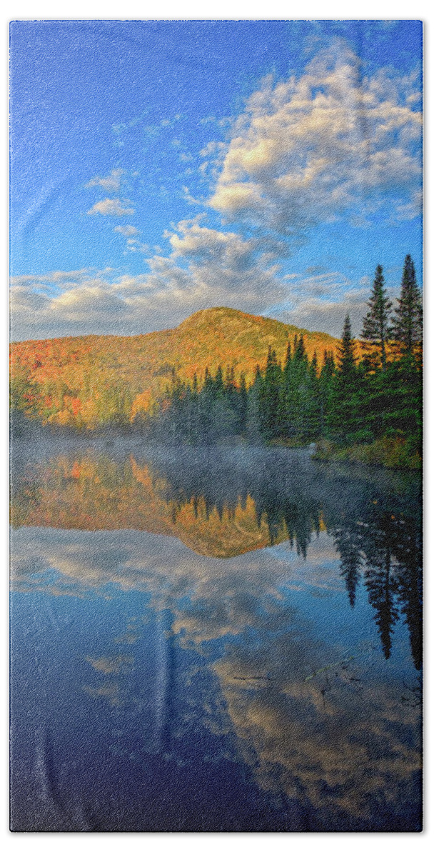 Cumulous Clouds Beach Towel featuring the photograph Autumn Sky, Mountain Pond by Jeff Sinon