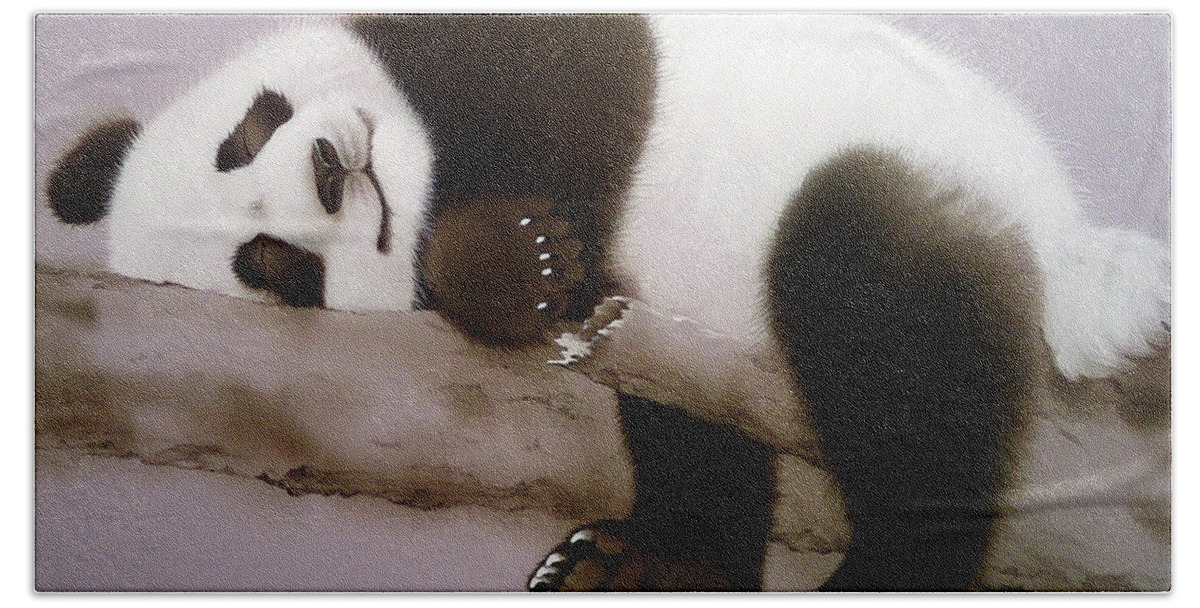 Russian Artists New Wave Beach Sheet featuring the painting Baby Panda In Sweet Dream by Alina Oseeva