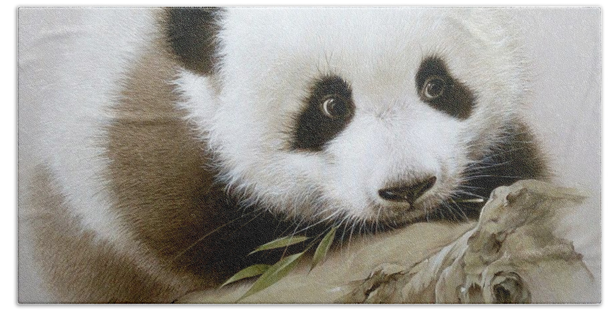Russian Artists New Wave Beach Towel featuring the painting Baby Panda with Bamboo Leaves by Alina Oseeva