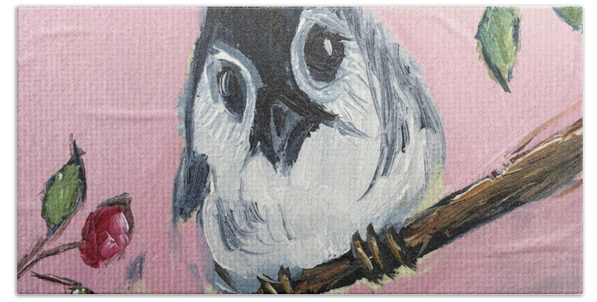 Titmouse Beach Towel featuring the painting Baby Tufted Tit Mouse by Roxy Rich