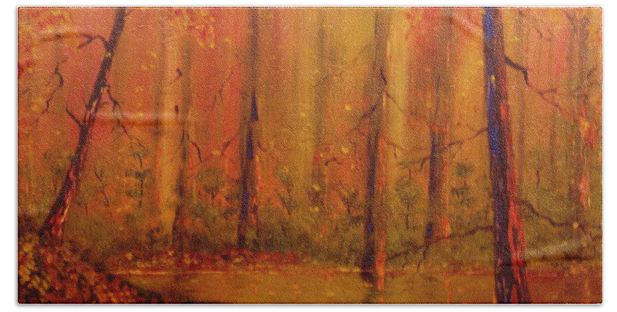 Forest Beach Towel featuring the painting Back Woods by Lorenzo Roberts