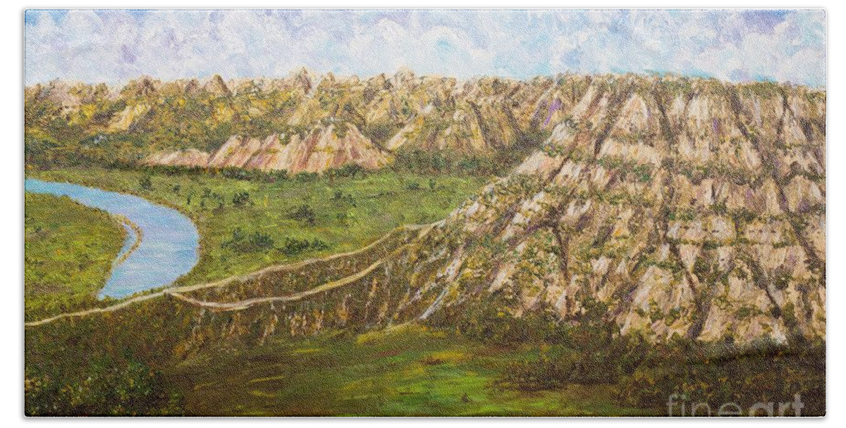 Badlands Beach Towel featuring the painting Badlands Majesty by Linda Donlin