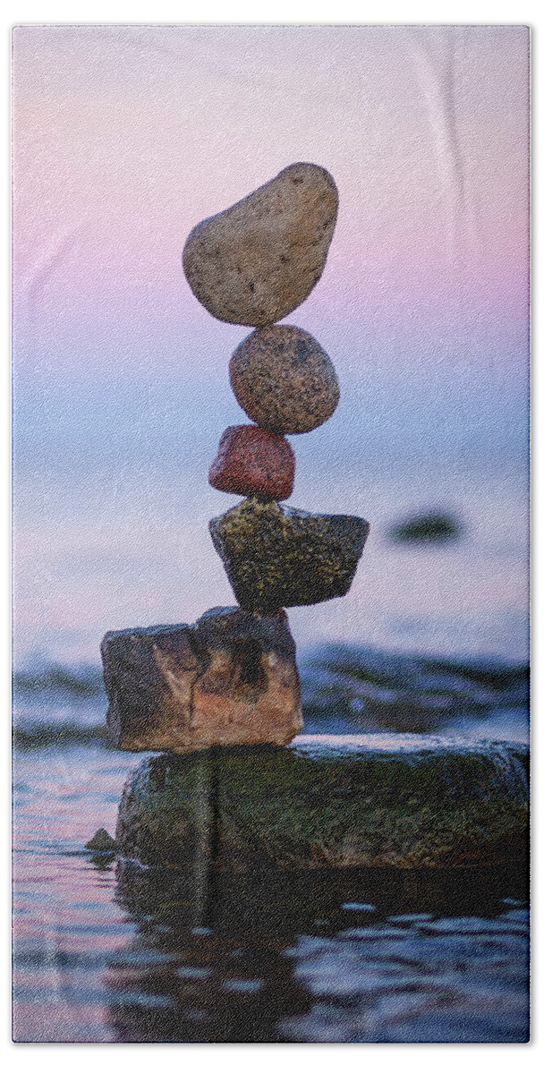 Meditation Zen Yoga Mindfulness Stones Nature Land Art Balancing Sweden Beach Towel featuring the sculpture Balancing art #51 by Pontus Jansson