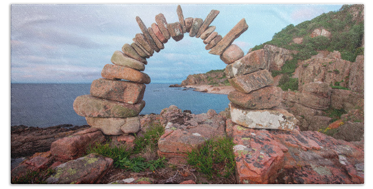 Meditation Zen Yoga Mindfulness Stones Nature Land Art Balancing Sweden Beach Towel featuring the sculpture Balancing art #60 by Pontus Jansson
