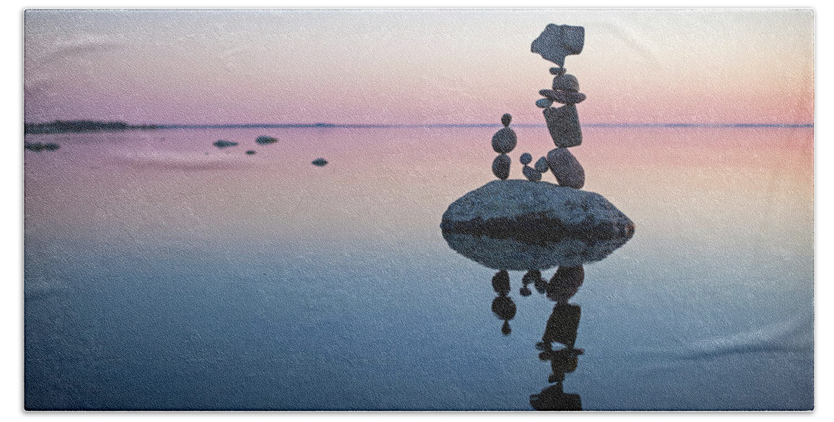 Meditation Zen Yoga Mindfulness Stones Nature Land Art Balancing Sweden Beach Towel featuring the sculpture Balancing art #65 by Pontus Jansson